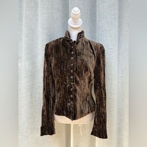 Brown pleated button down velvet high neck jacket military style